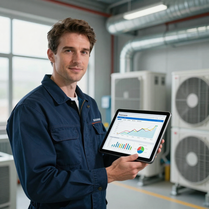 Technician holding a tablet with charts in an industrial HVAC room