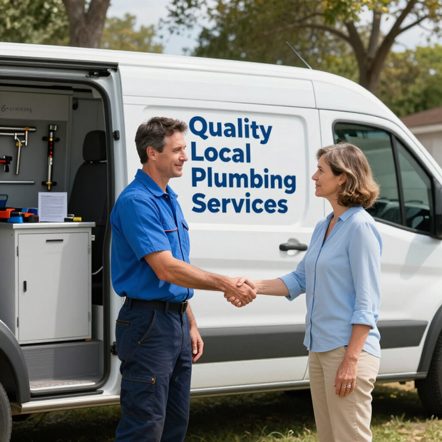 Plumber and customer shaking hands beside a white service van labeled “Quality Local Plumbing Services”
