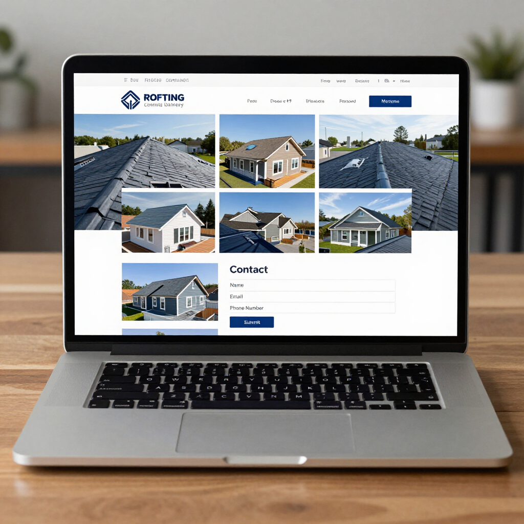 Laptop displaying a roofing company website with roof photos and contact form