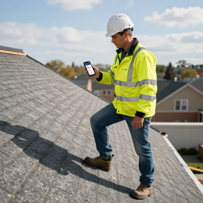 Worker in hard hat and high-vis jacket inspecting a roof with a smartphone.