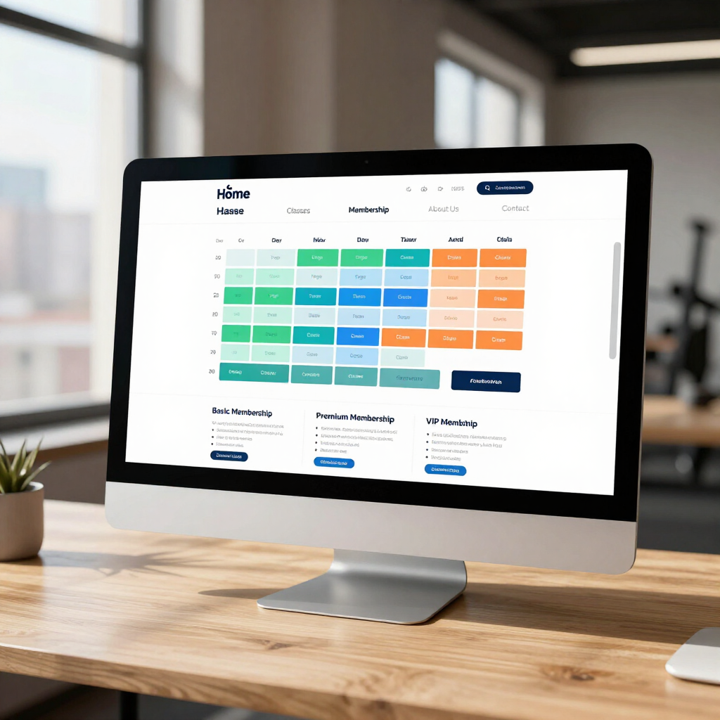 Desktop monitor showing a colorful pricing grid on a website in a modern office setting