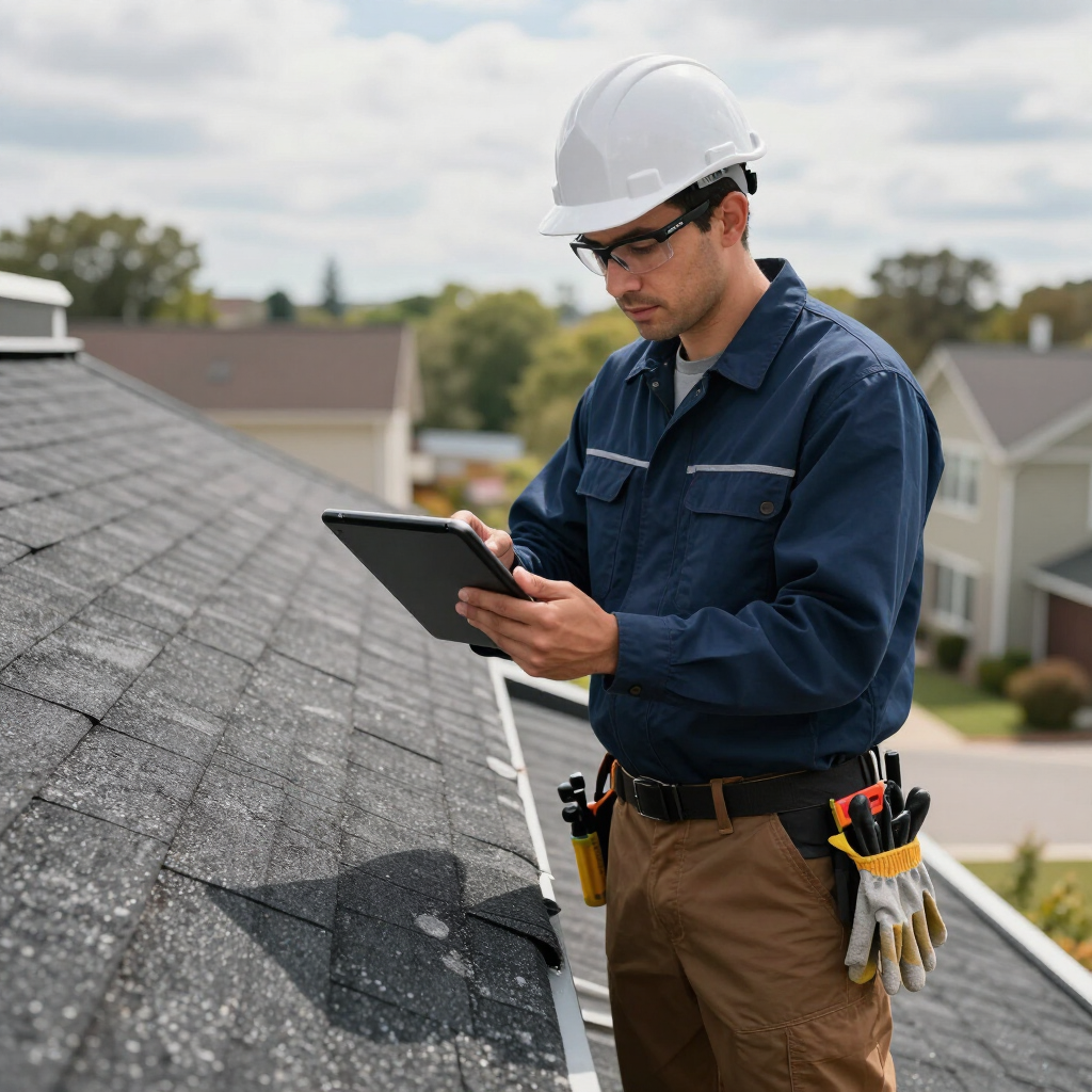 Worker in hard hat inspecting a roof with a tablet and tools on his belt