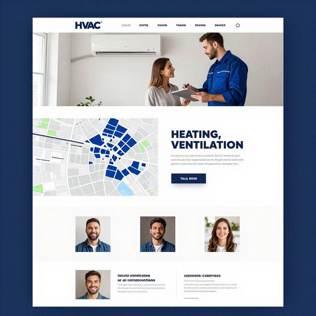 HVAC service website mockup with technician, map graphic, and heating and ventilation headline