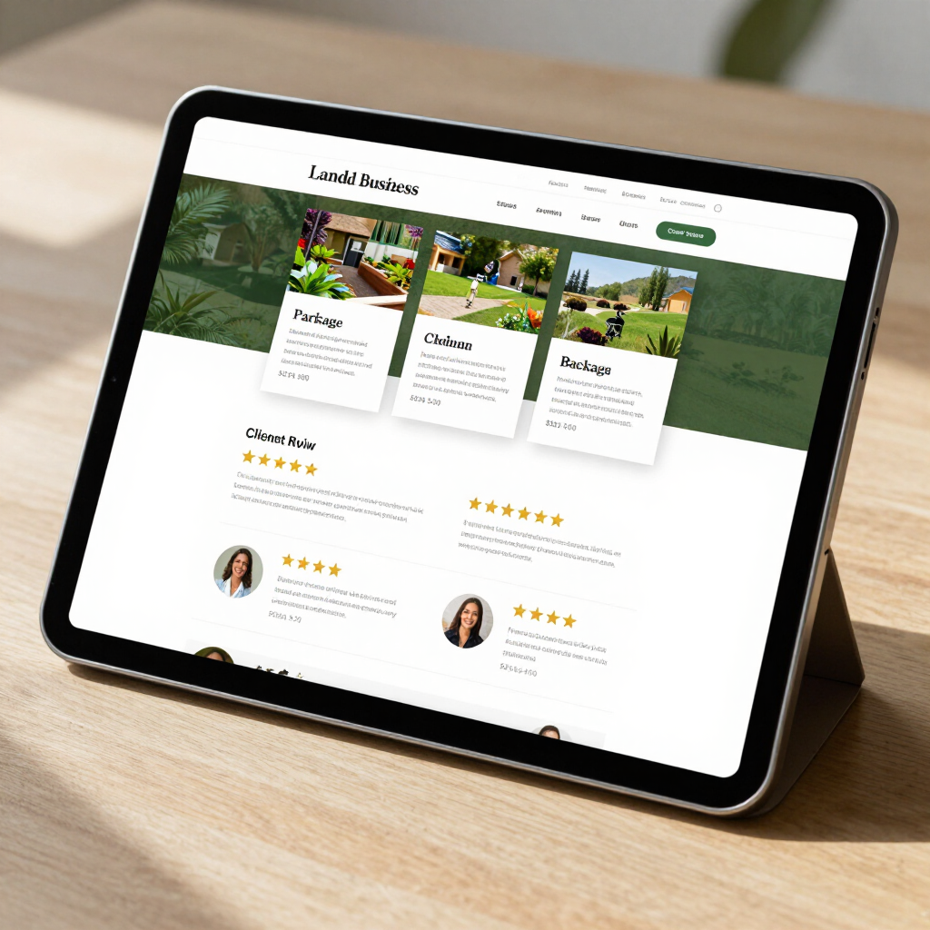 Tablet displaying a landscaping website with garden cards and reviews on a wooden table