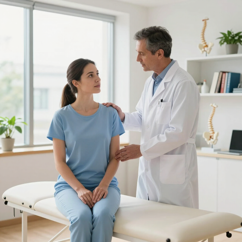 Doctor speaking with a seated patient in a bright exam room, hand on her shoulder.