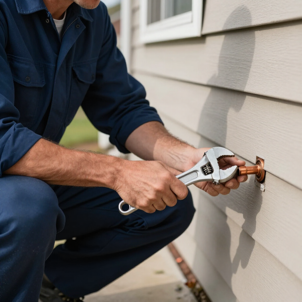Plumber tightening an outdoor faucet on a house wall with a wrench