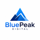 BluePeak Digital logo with blue mountain icon and blue text on white background