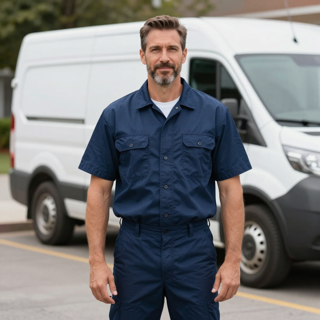 Smiling utility worker in navy uniform standing in front of a white cargo van