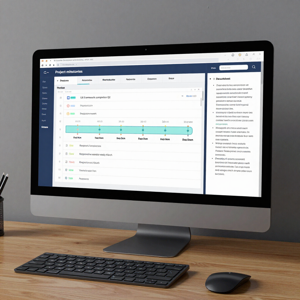 Desktop monitor showing a project management dashboard with charts and a sidebar on a wooden desk