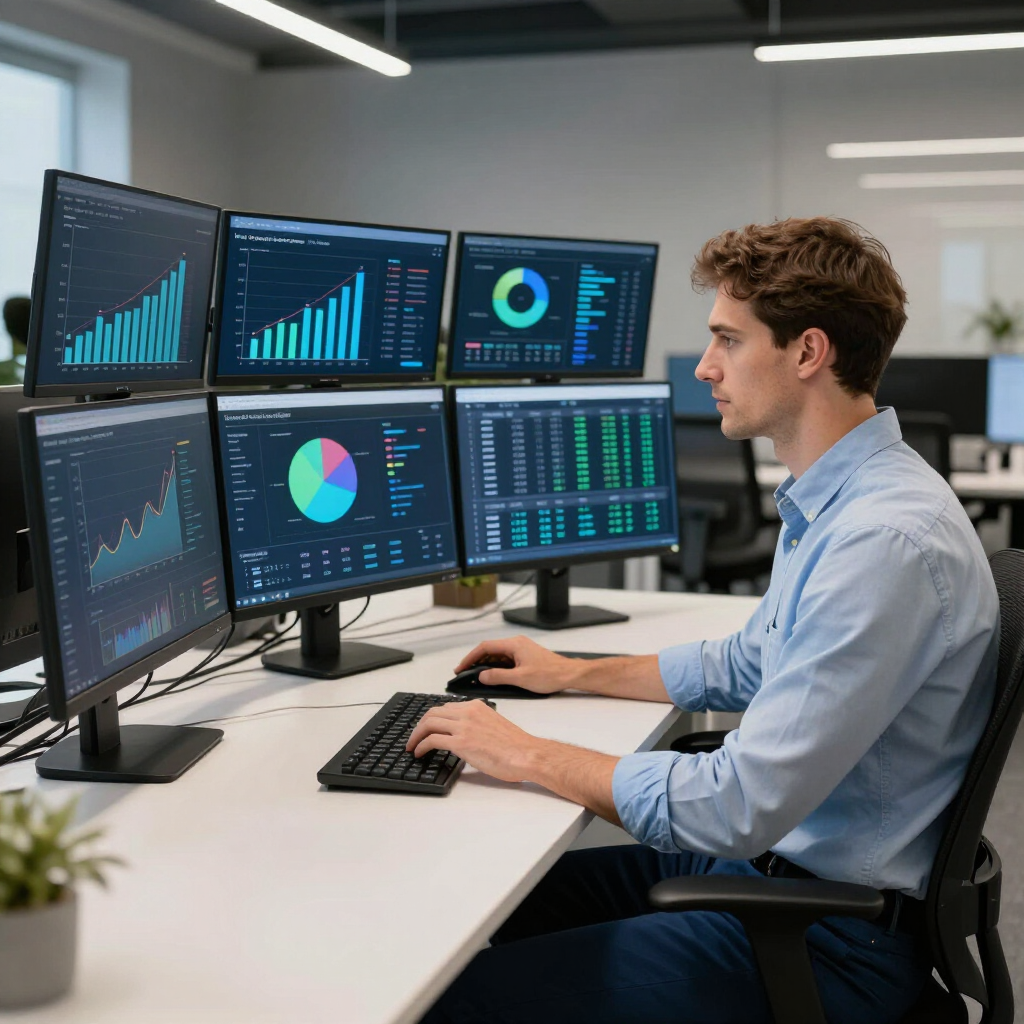 Analyst working at a desk with six monitors showing charts, graphs, and data dashboards in an office