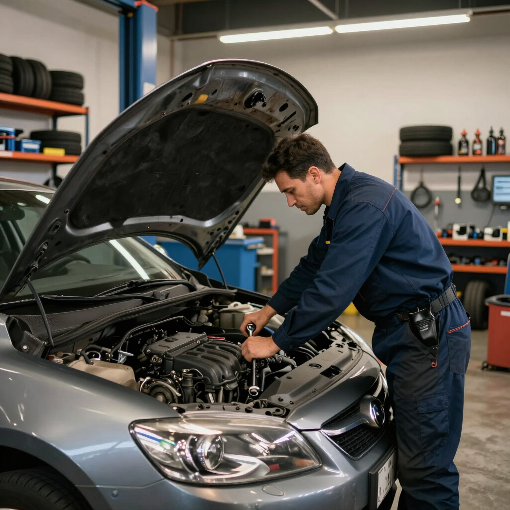 Mechanic working under the hood of a silver car in an auto repair shop