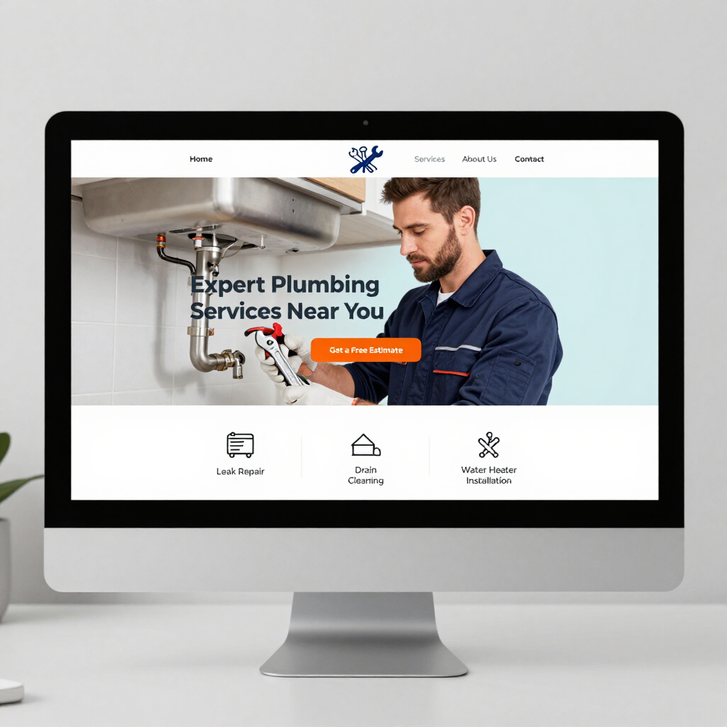 Plumber website homepage on a desktop monitor with hero image and “Expert Plumbing Services Near You” headline