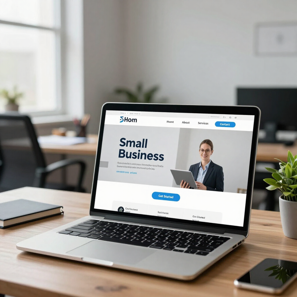 Laptop on a desk showing a small business website in a bright office