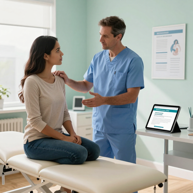 Doctor in blue scrubs speaking with a seated patient in a clinic exam room, tablet on a side table.