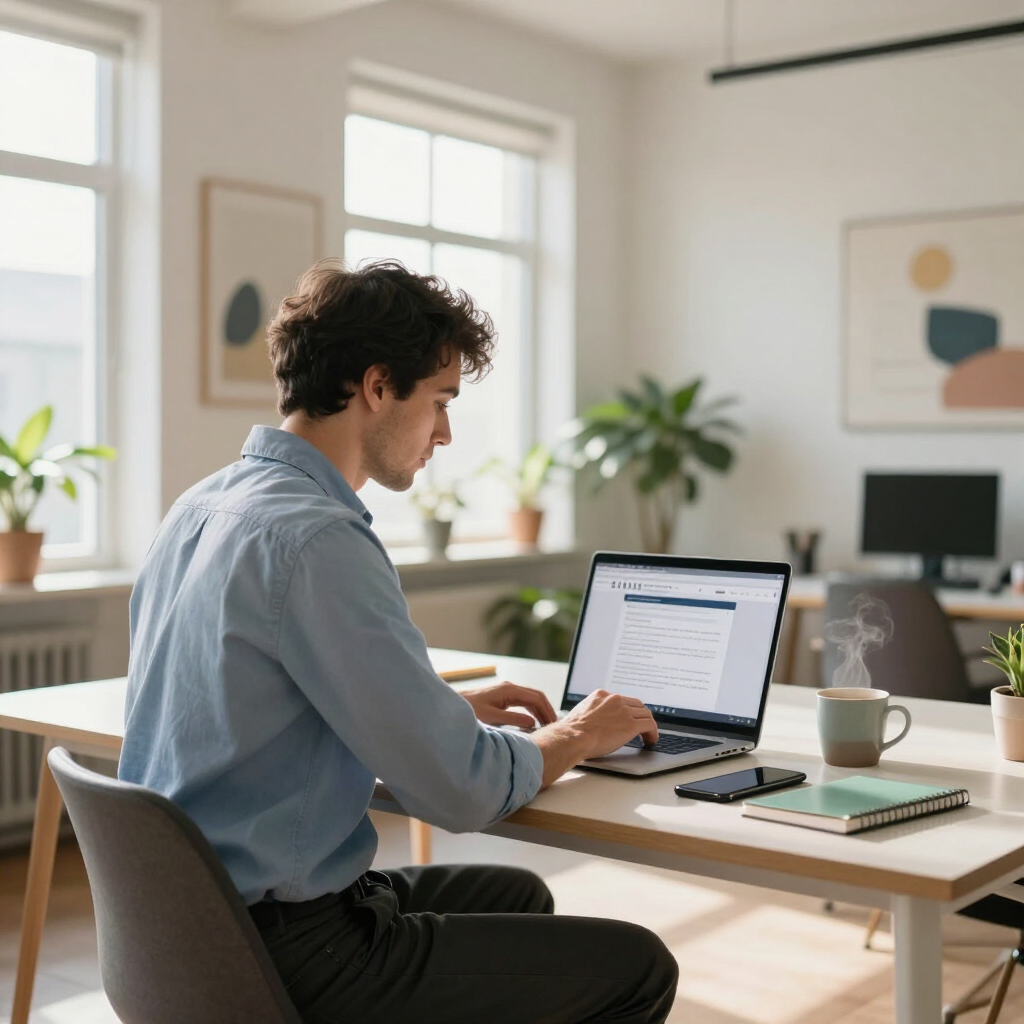 Person typing on a laptop at a bright desk in a modern home office with plants and sunlight.