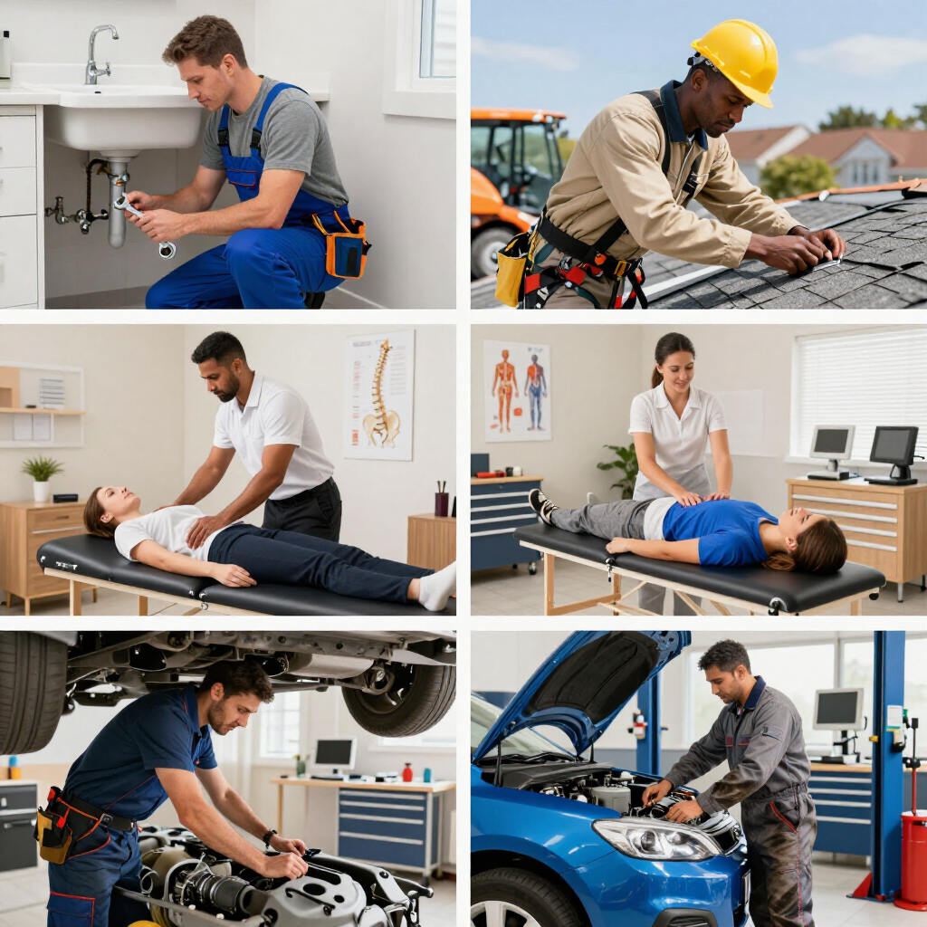 Collage of service workers fixing plumbing, roofing, medical therapy, mechanics, and car repair in workshops and homes