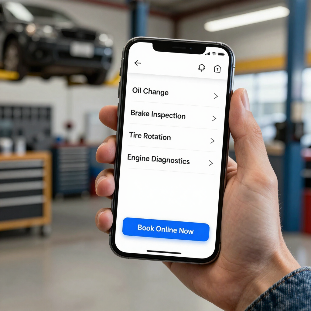Hand holding a smartphone showing auto service options and a blue “Book Online Now” button in a garage