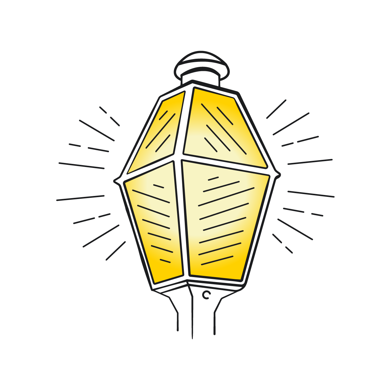 A yellow, hexagonal glass lantern on a post, glowing with light rays radiating outward.