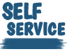 The word self service is written in blue letters on a white background.