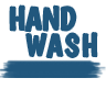 The word hand wash is written in blue letters on a white background.