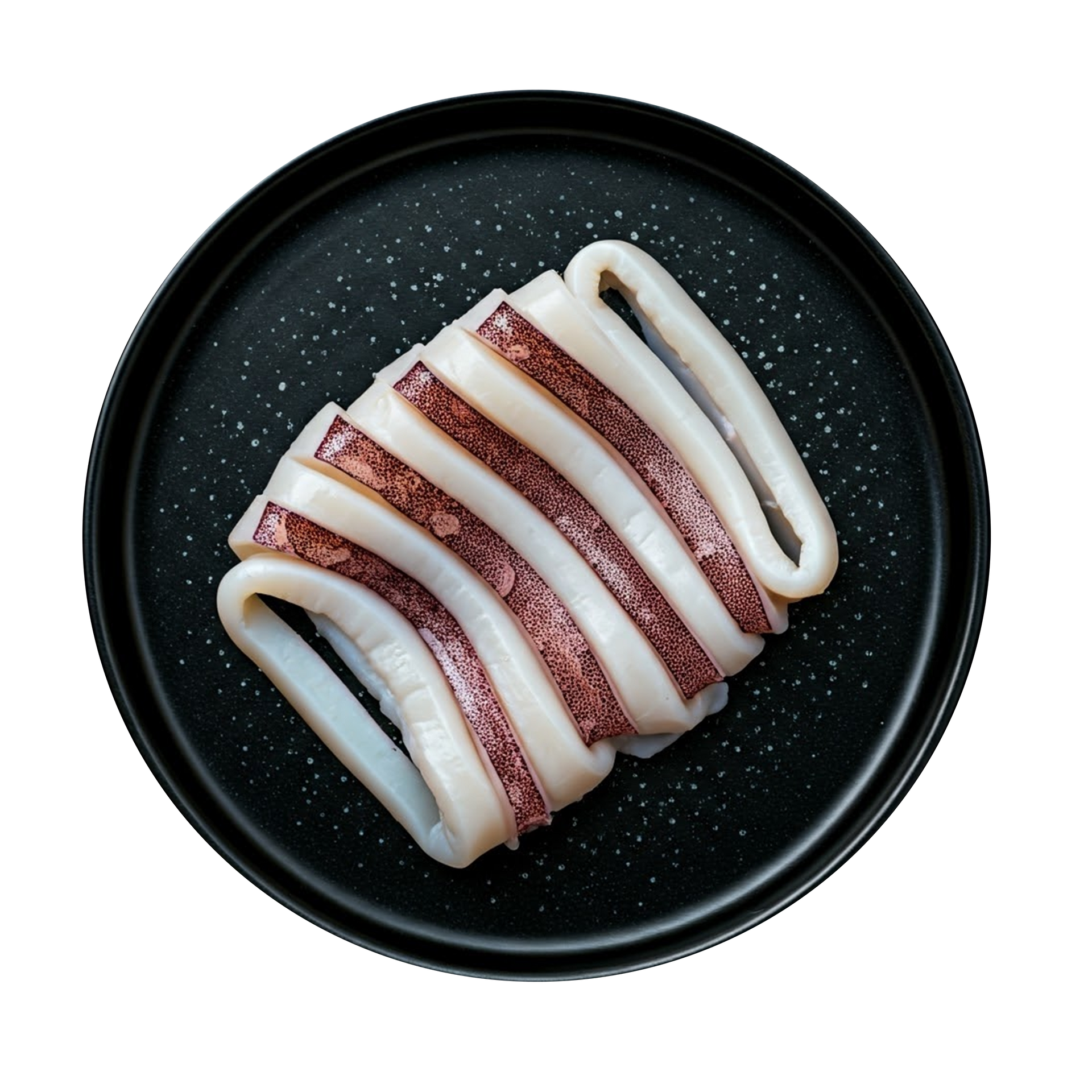 JPOT Japanese hot pot sliced calamari squid rings on a black plate bird's eye view