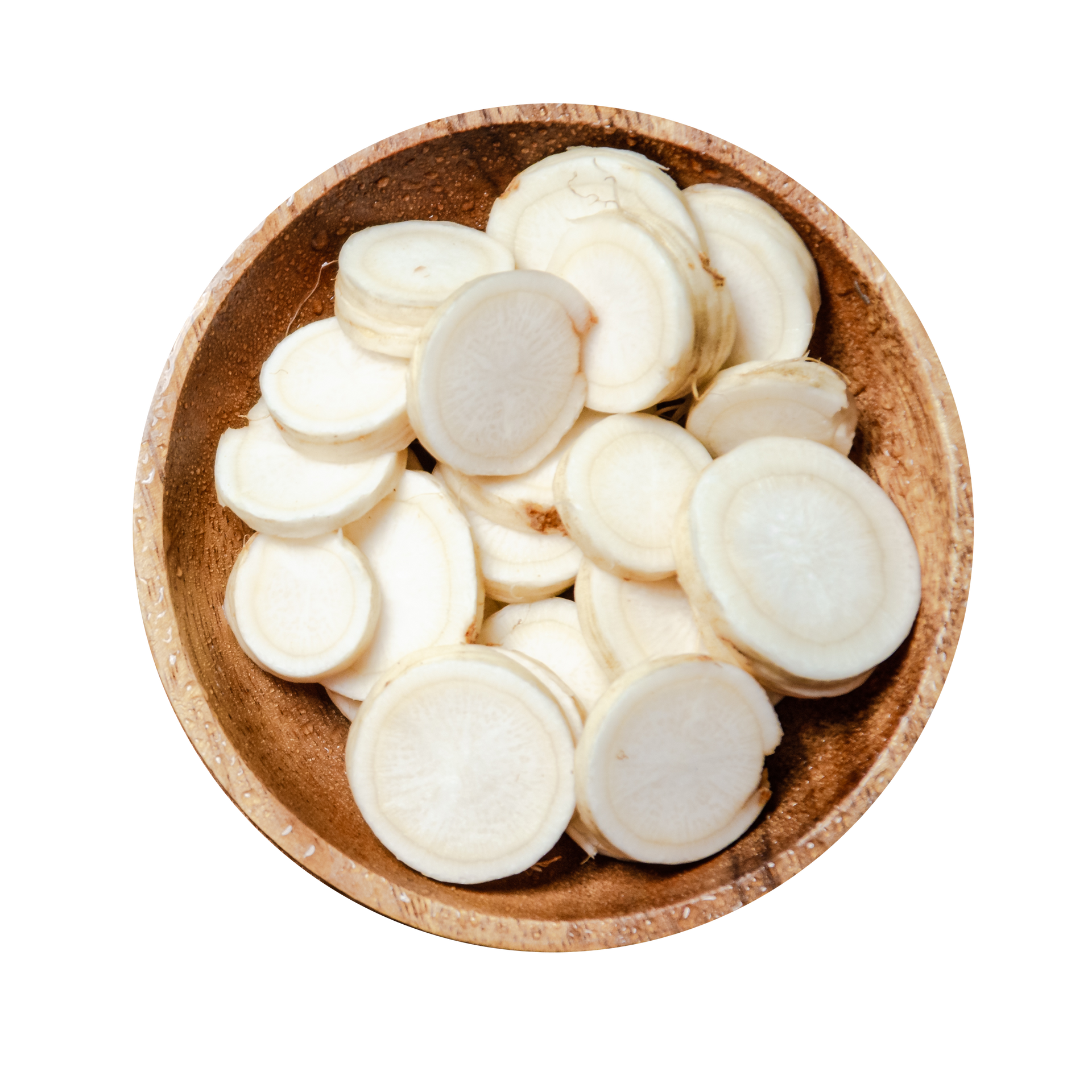 JPOT Japanese hot pot daikon radish slices in a wooden bowl bird's eye view