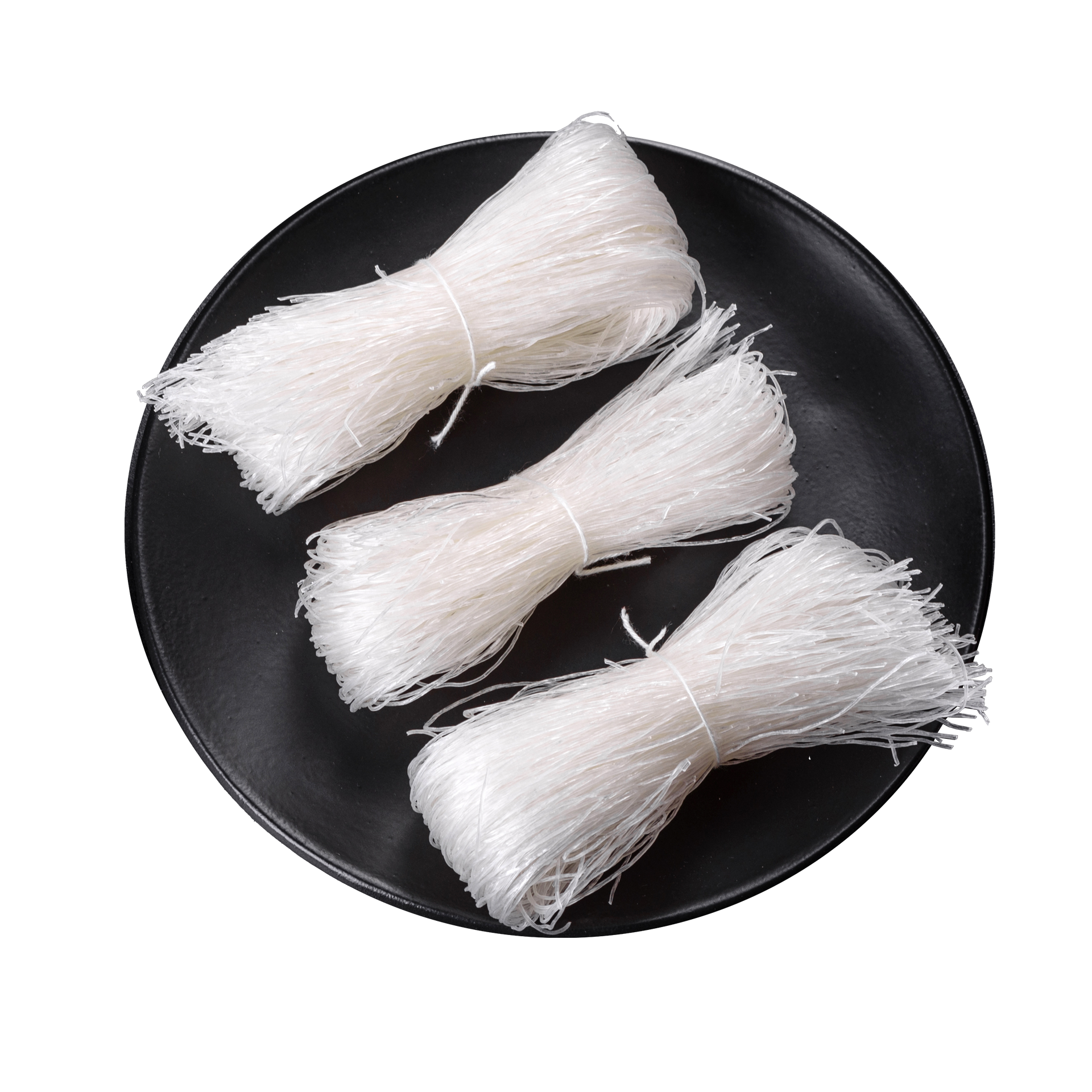 JPOT Japanese hot pot 3 mung bean glass noodle bundles on a matte black plate  bird's eye view