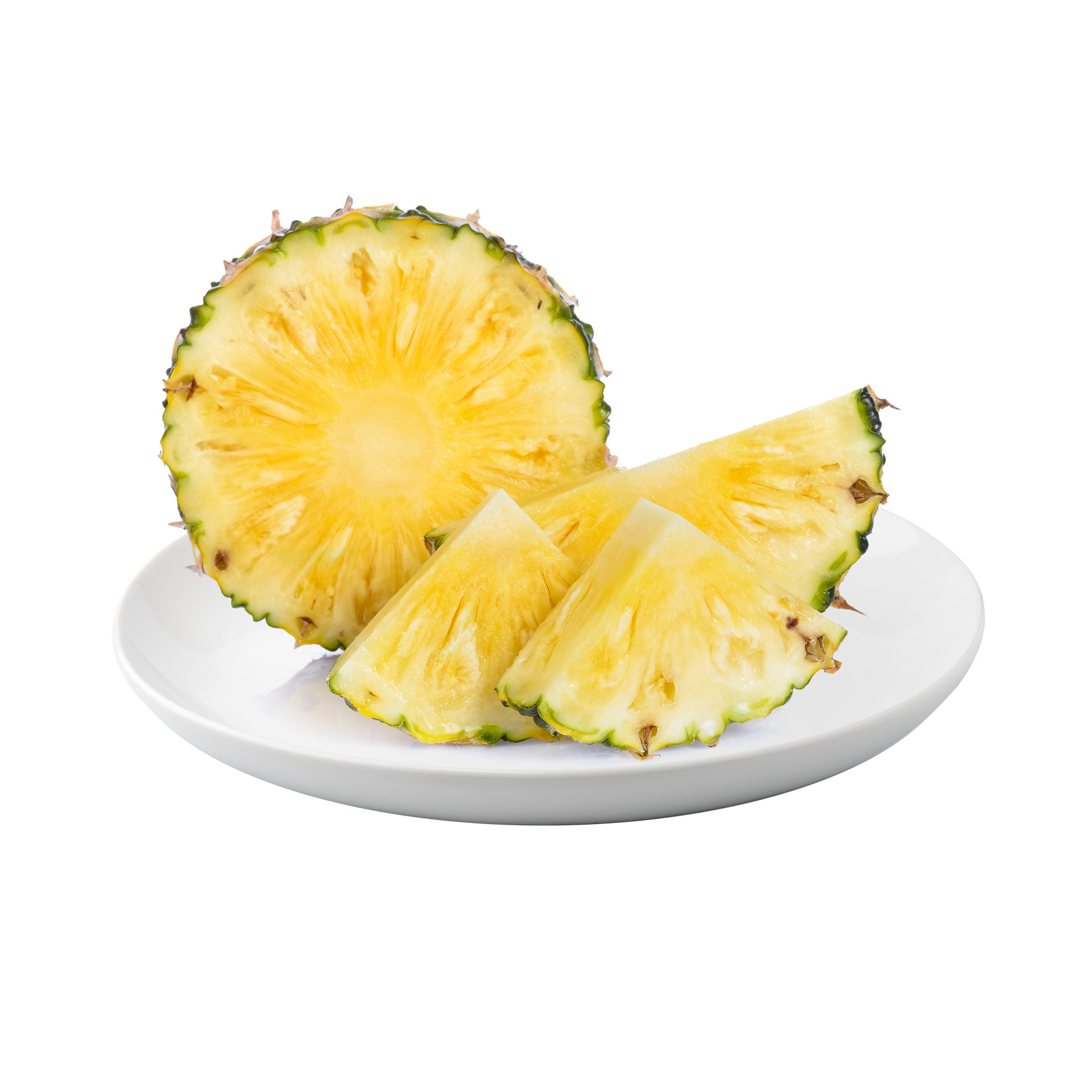 JPOT Japanese BBQ sliced pineapple of assorted sizes on a white plate angled view