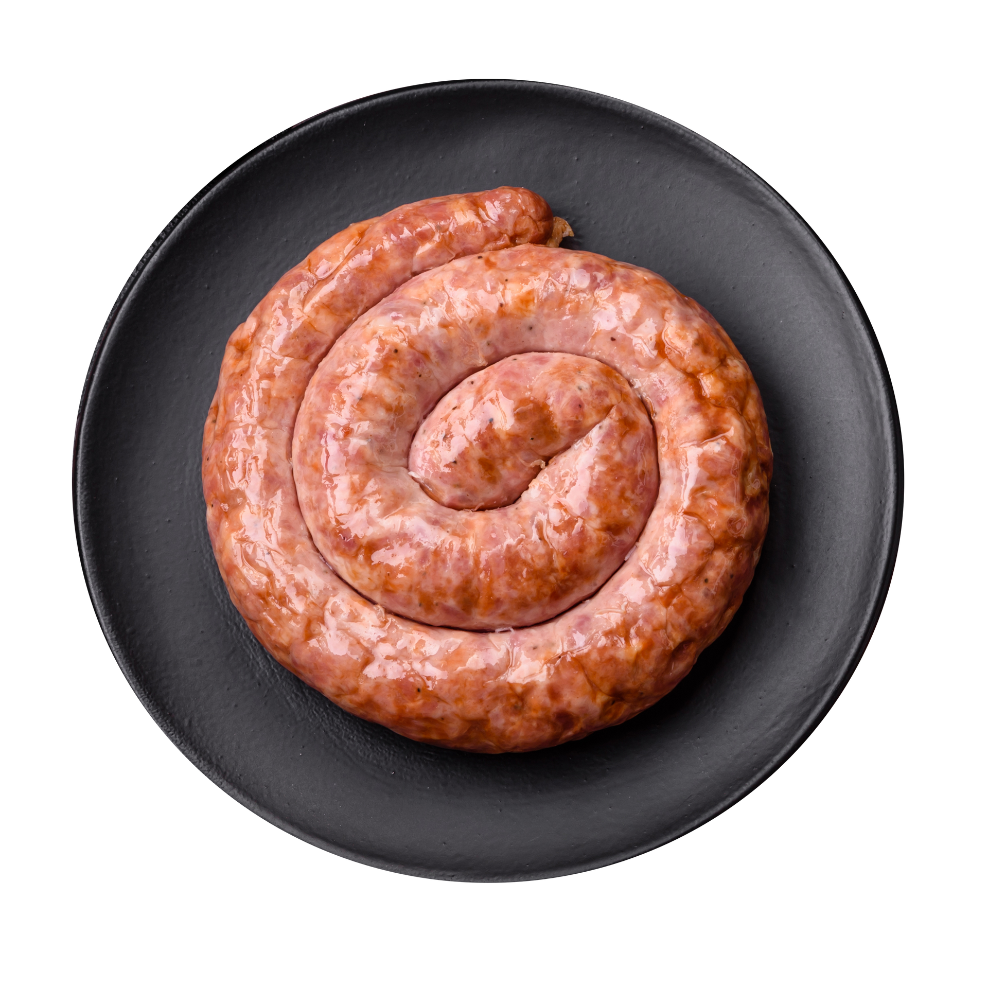 JPOT Japanese hot pot one red sausage on a black plate bird's eye view