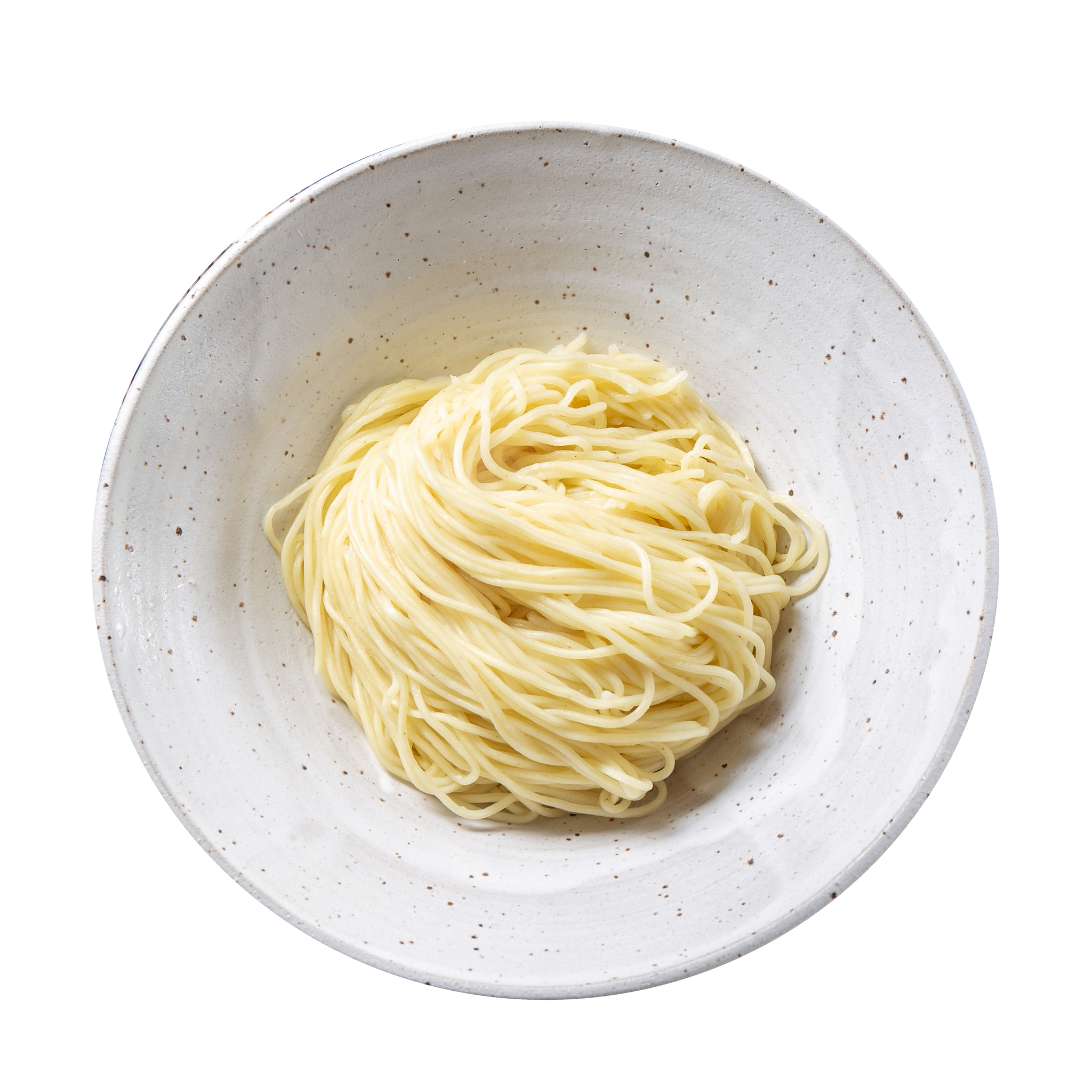 JPOT Japanese hot pot raw rice noodles in a white ceramic bowl bird's eye view