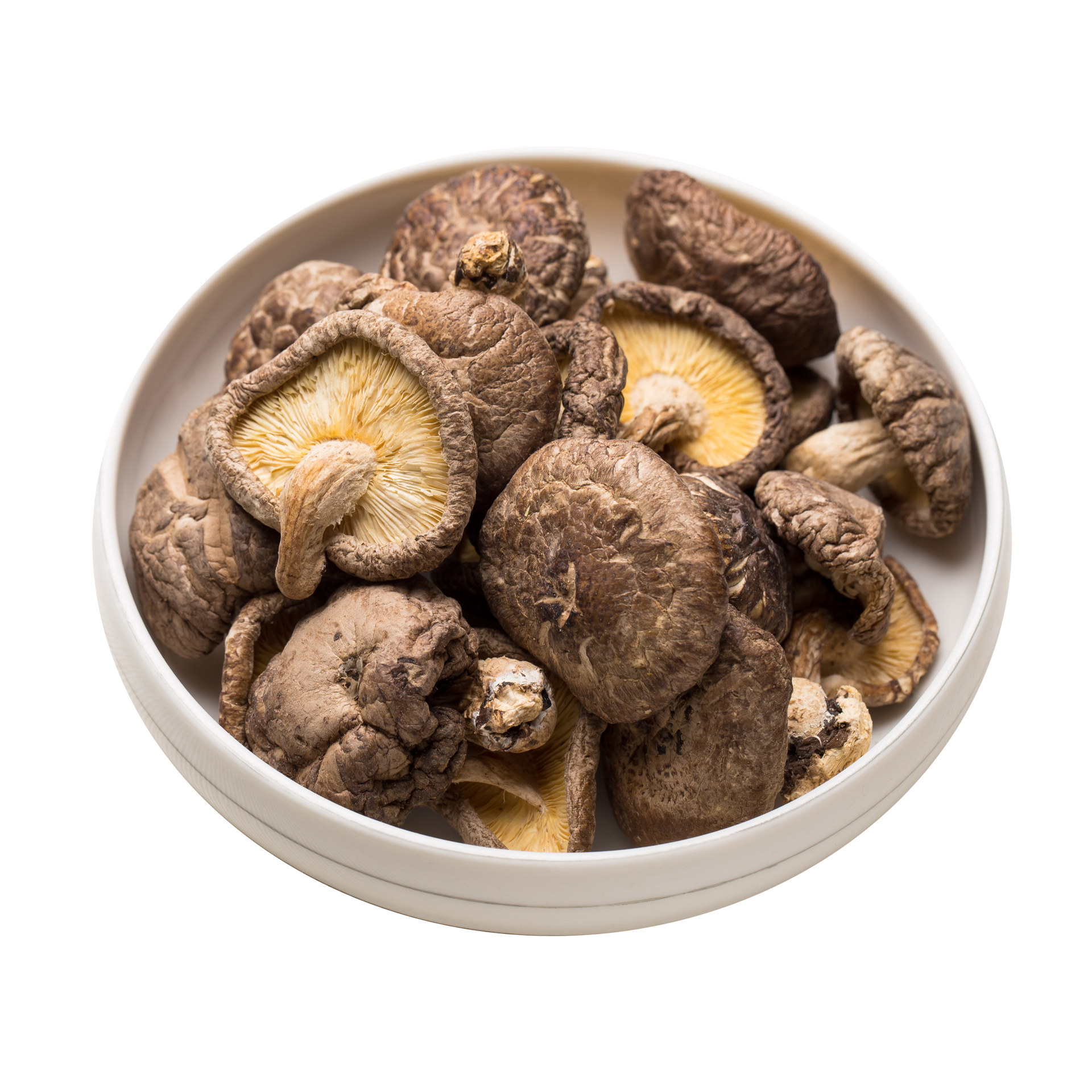 JPOT Japanese BBQ dried whole shiitake mushrooms in a white bowl angled view