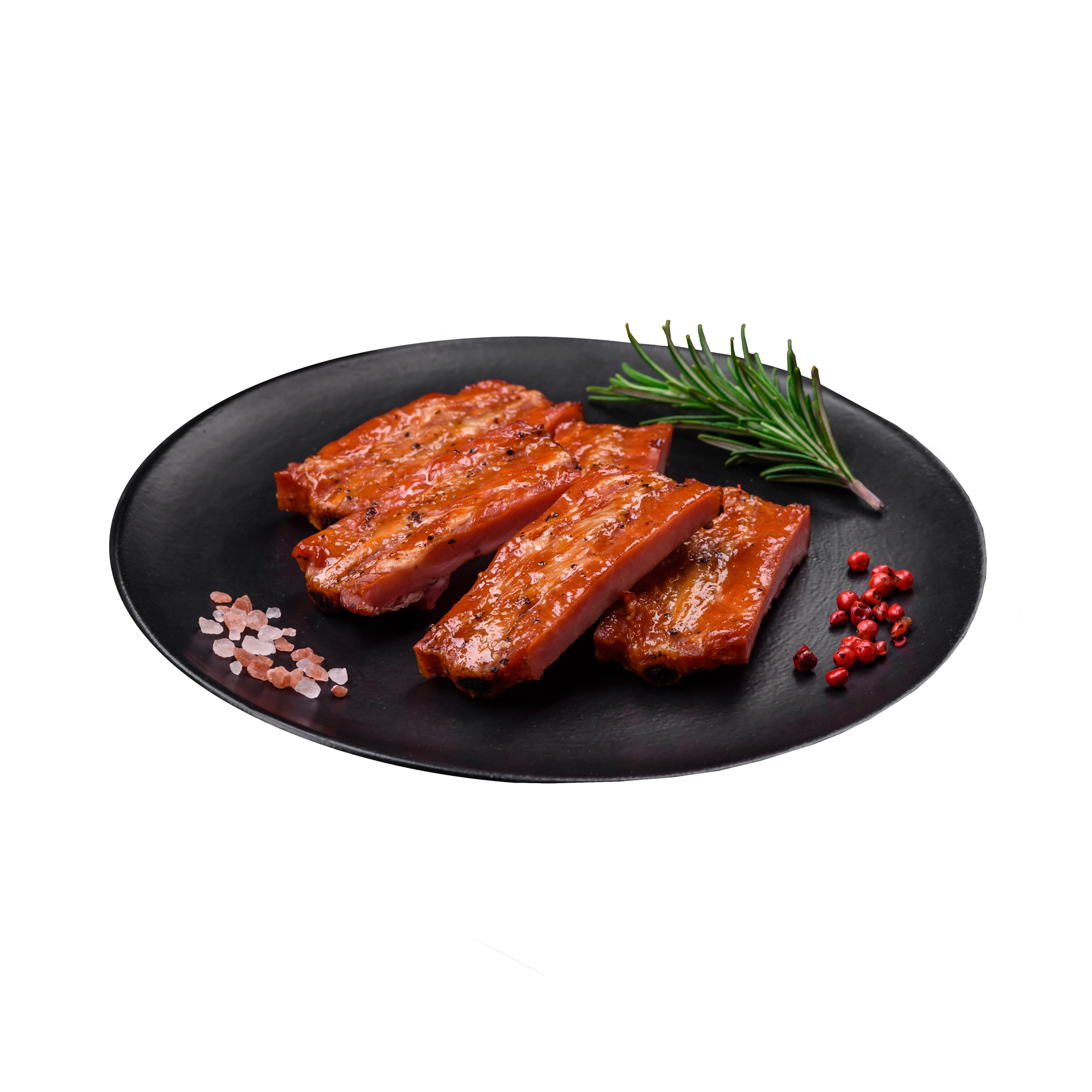 JPOT Japanese BBQ raw spicy cha siu on a black plate with herbs salt and small red berries as garnish angled view