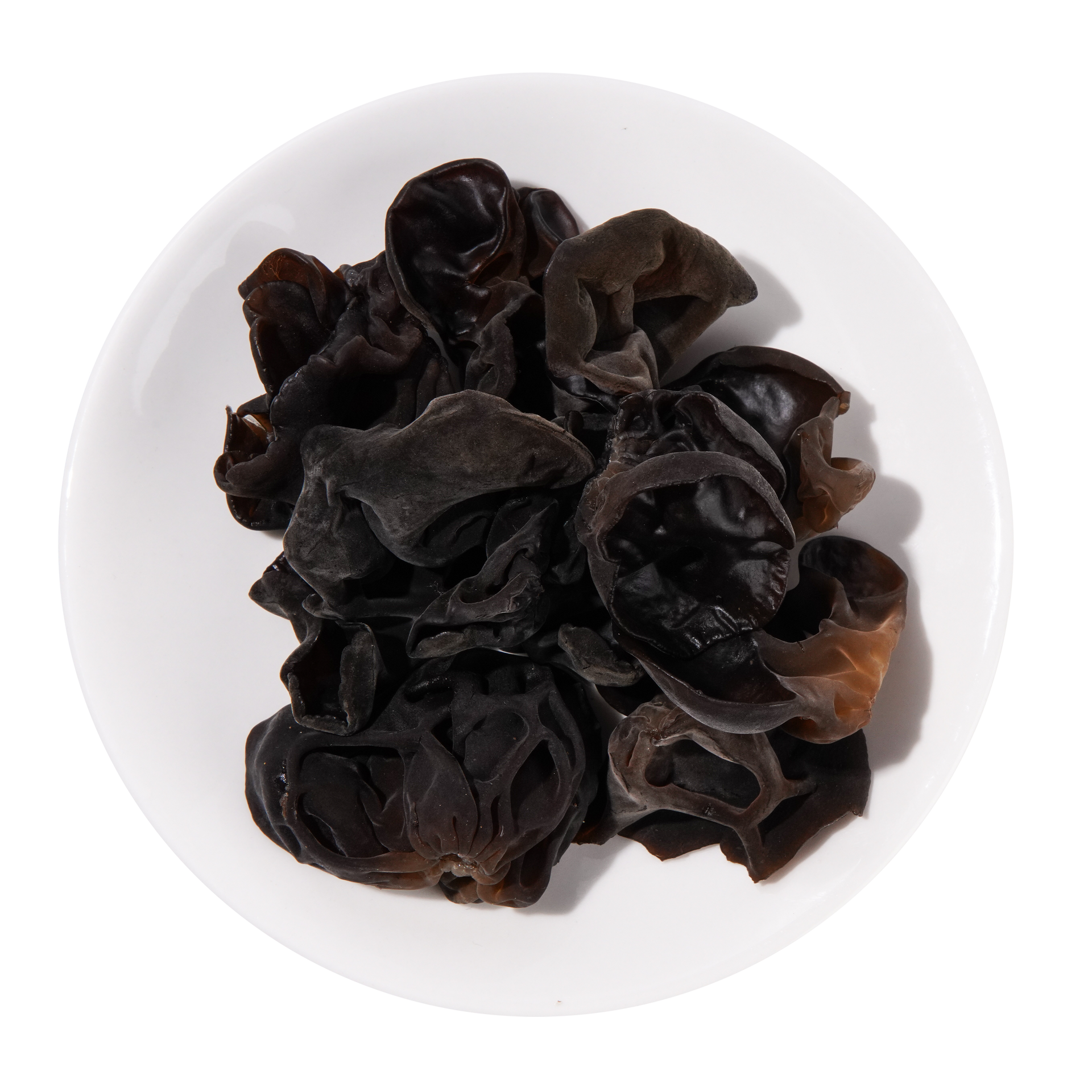 JPOT Japanese hot pot black wood ear on a white plate bird's eye view