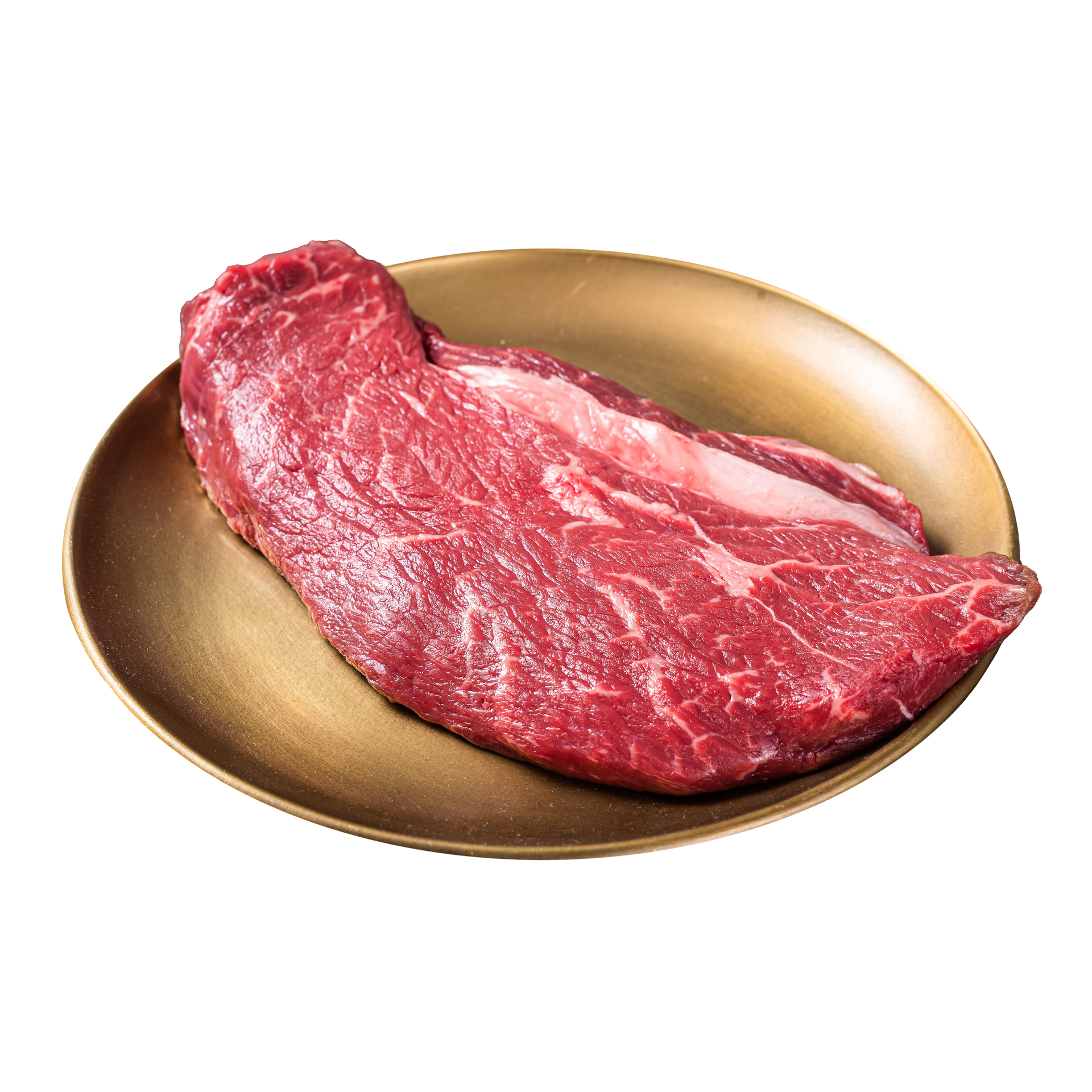 JPOT Japanese BBQ raw uncut beef steak on a gold plate angled view