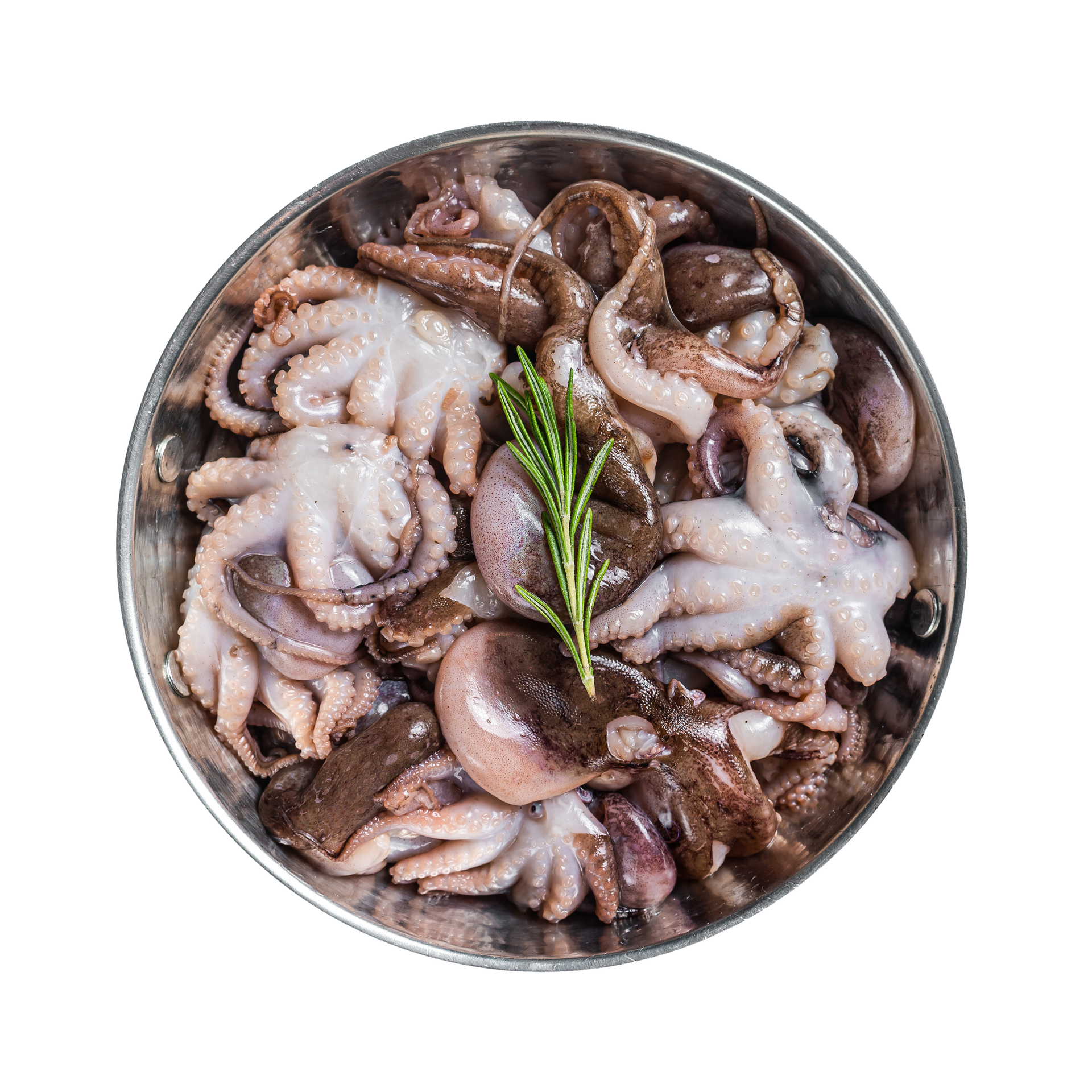 JPOT Japanese hot pot raw baby octopus in a metal bowl with herb on top bird's eye view 