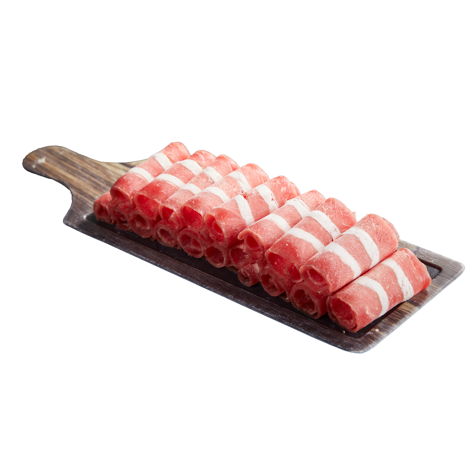 JPOT Japanese BBQ raw sliced beef on a wooden serving board with handle angled view