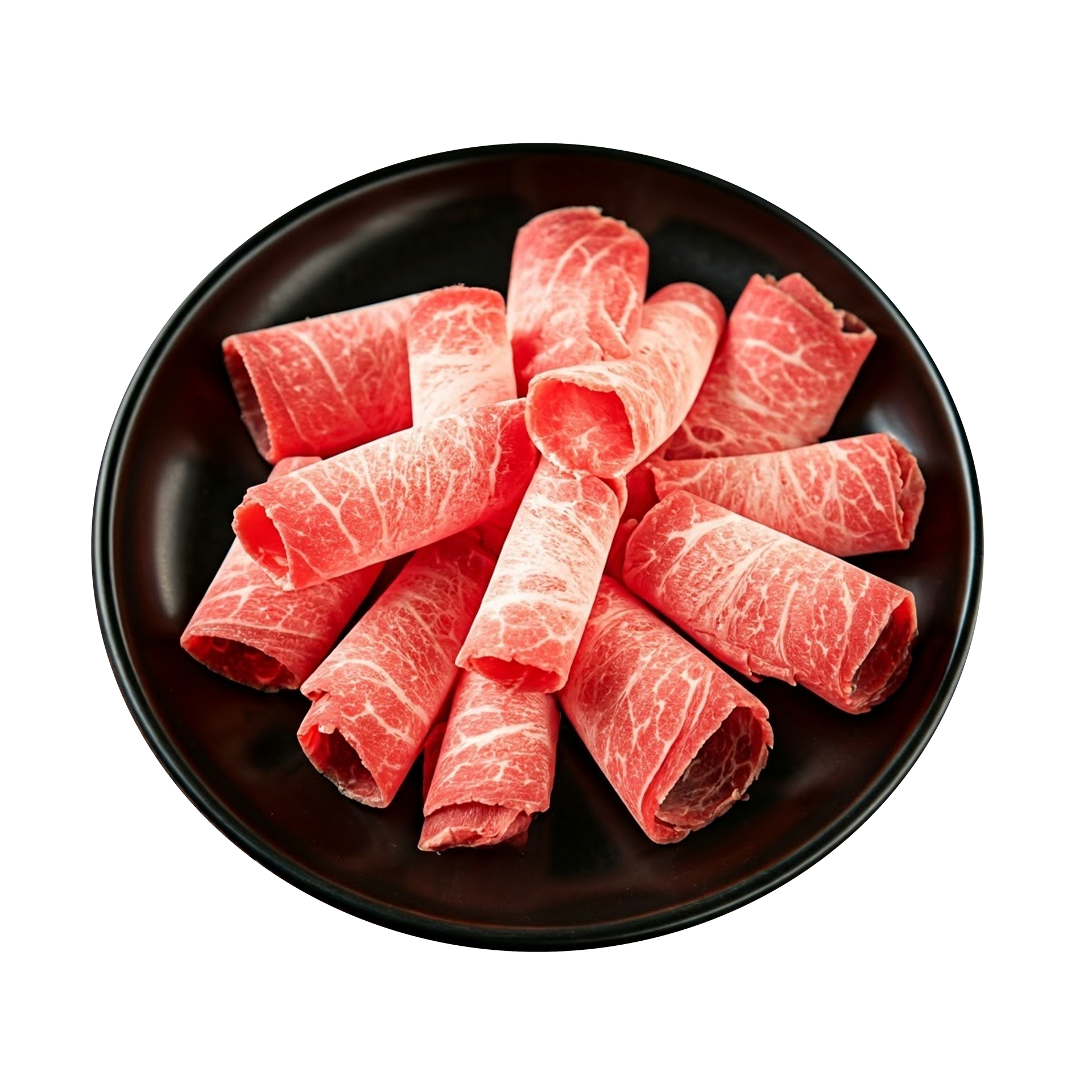 JPOT Japanese hot pot raw sliced beef brisket on a black plate bird's eye view