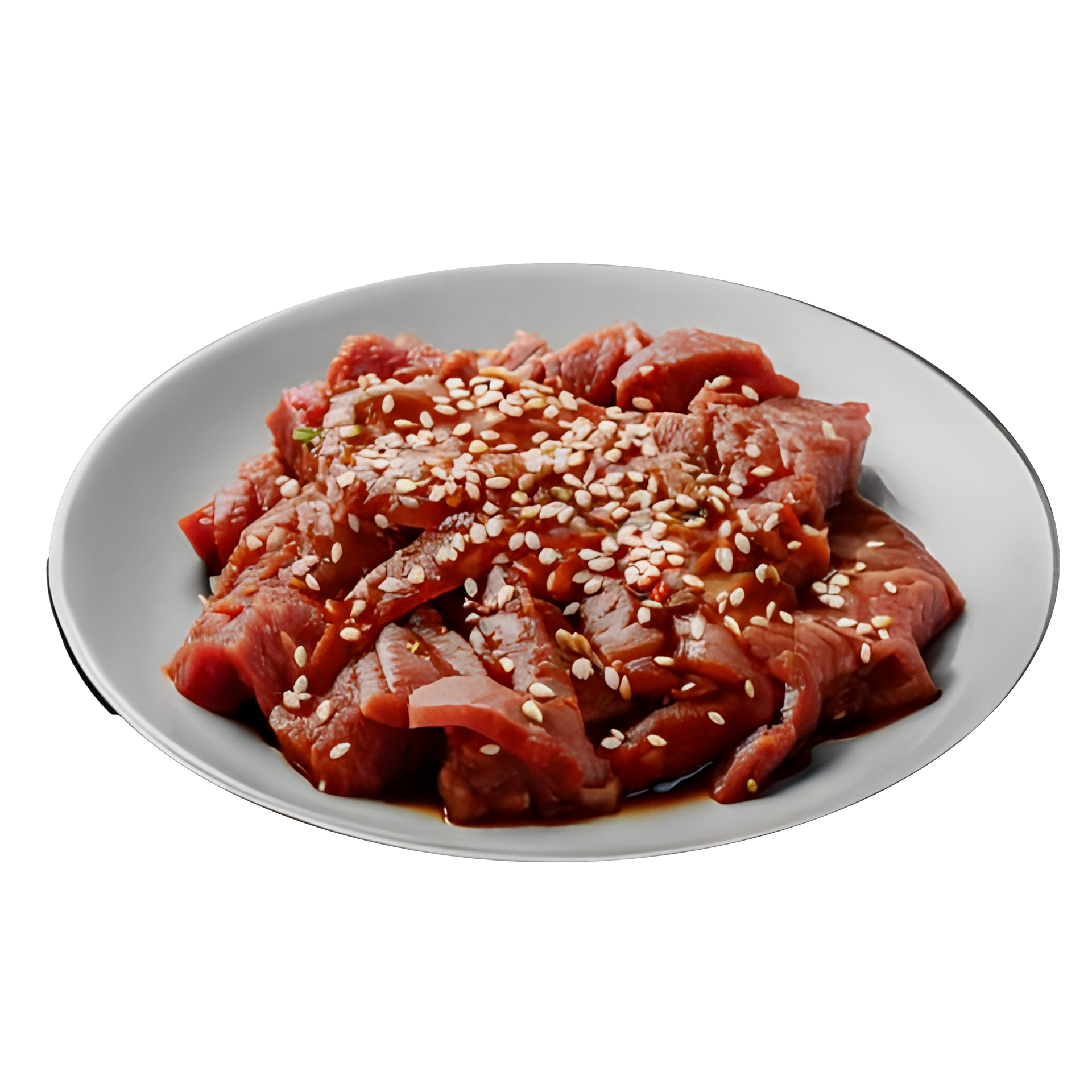 JPOT Japanese BBQ raw beef bulgogi on a gray plate angled view