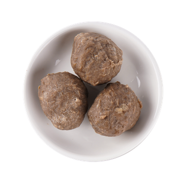 JPOT Japanese hot pot three beef meatballs in white bowl bird's eye view