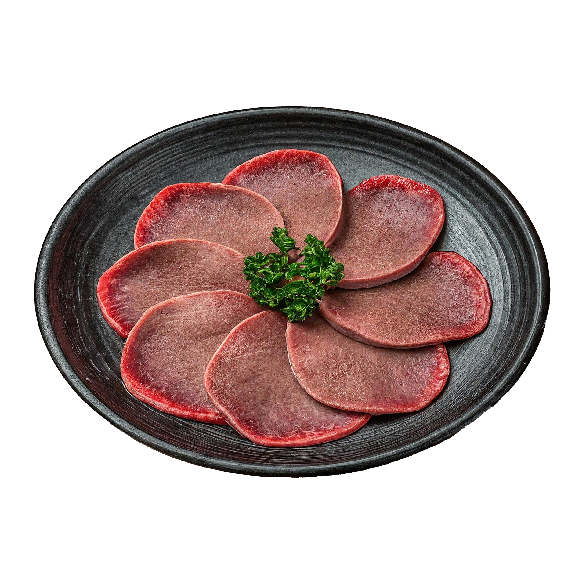 JPOT Japanese BBQ raw beef tongue sliced on a black plate angled view