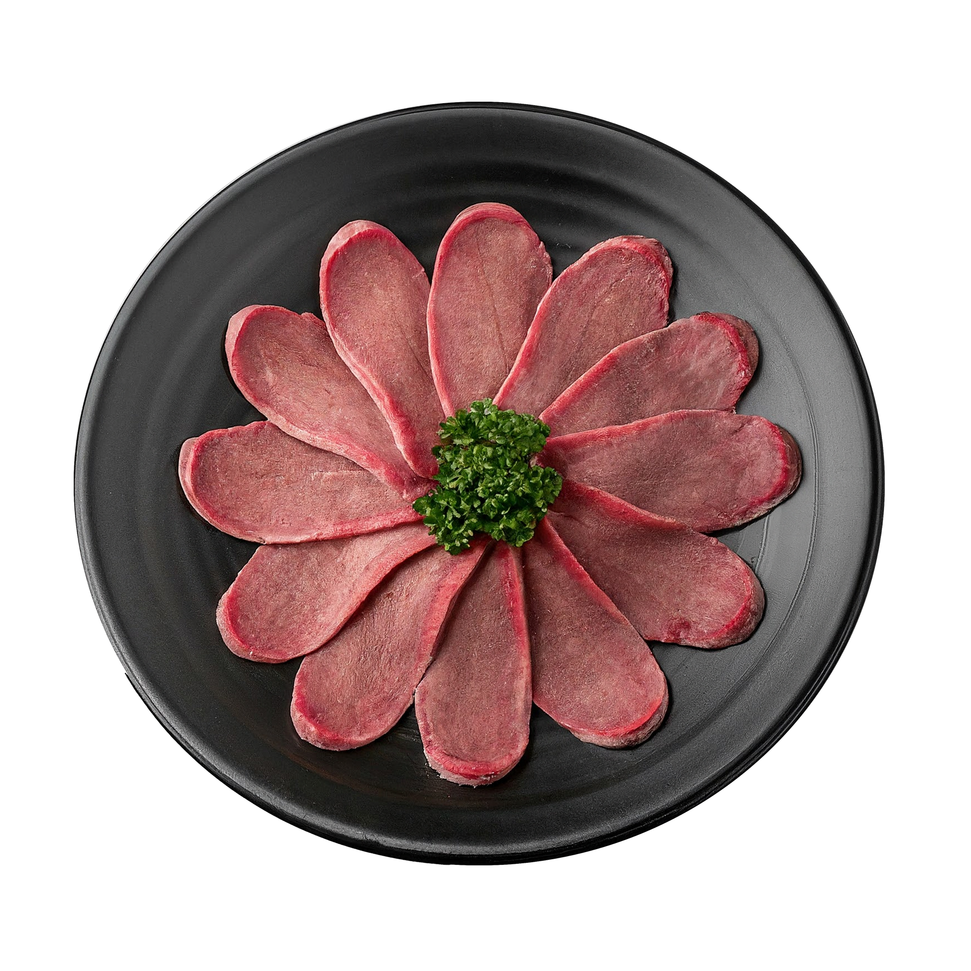 JPOT Japanese hot pot raw sliced beef tongue on a black plate bird's eye view