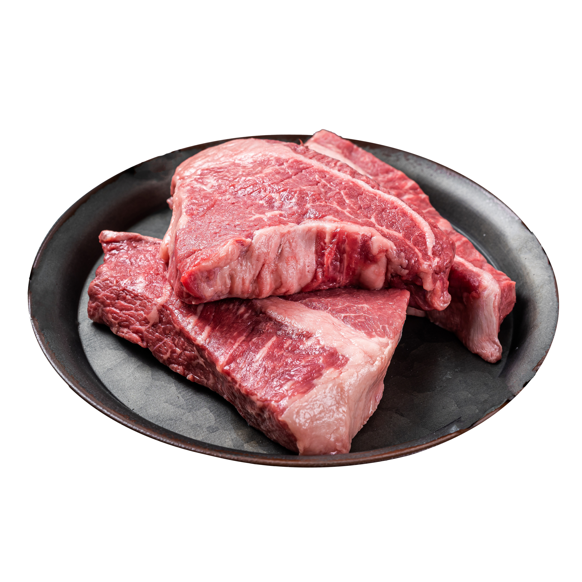 JPOT Japanese BBQ two raw beef steak on a black plate angled view