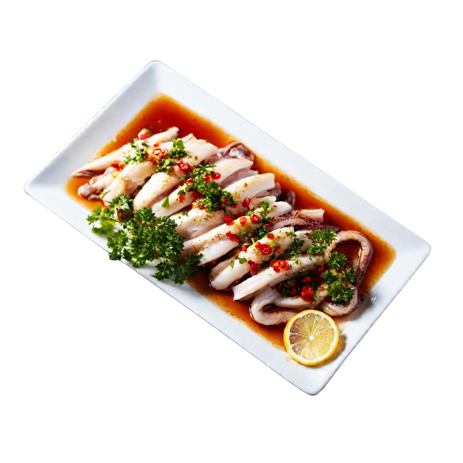JPOT Japanese BBQ raw chili calamari on a white rectangular plate angled view