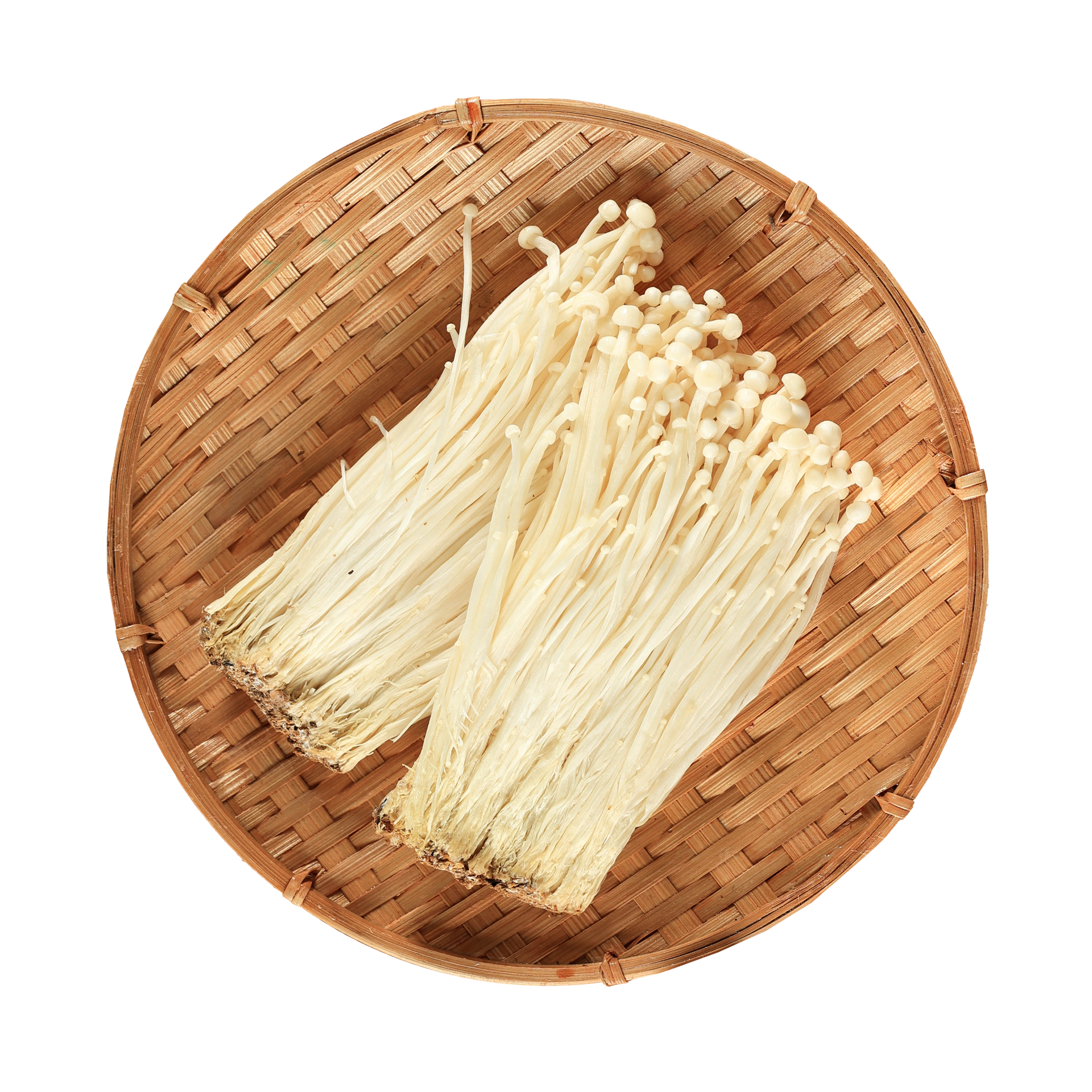 JPOT Japanese hot pot enoki mushroom on a flat whicker basket bird's eye view