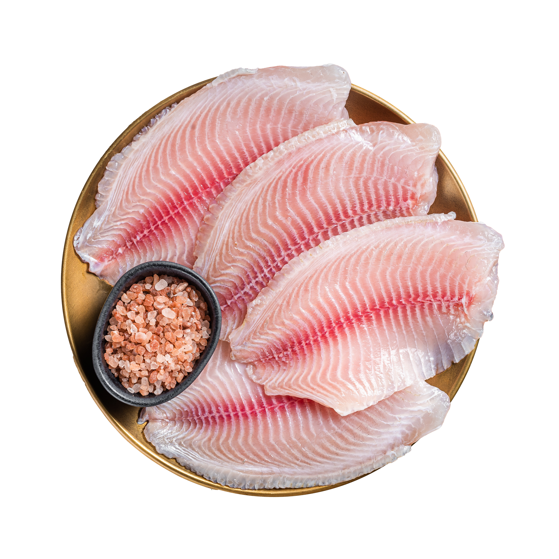 JPOT Japanese hot pot raw fish filet with pink salt in a small dish on a gold plate bird's eye view