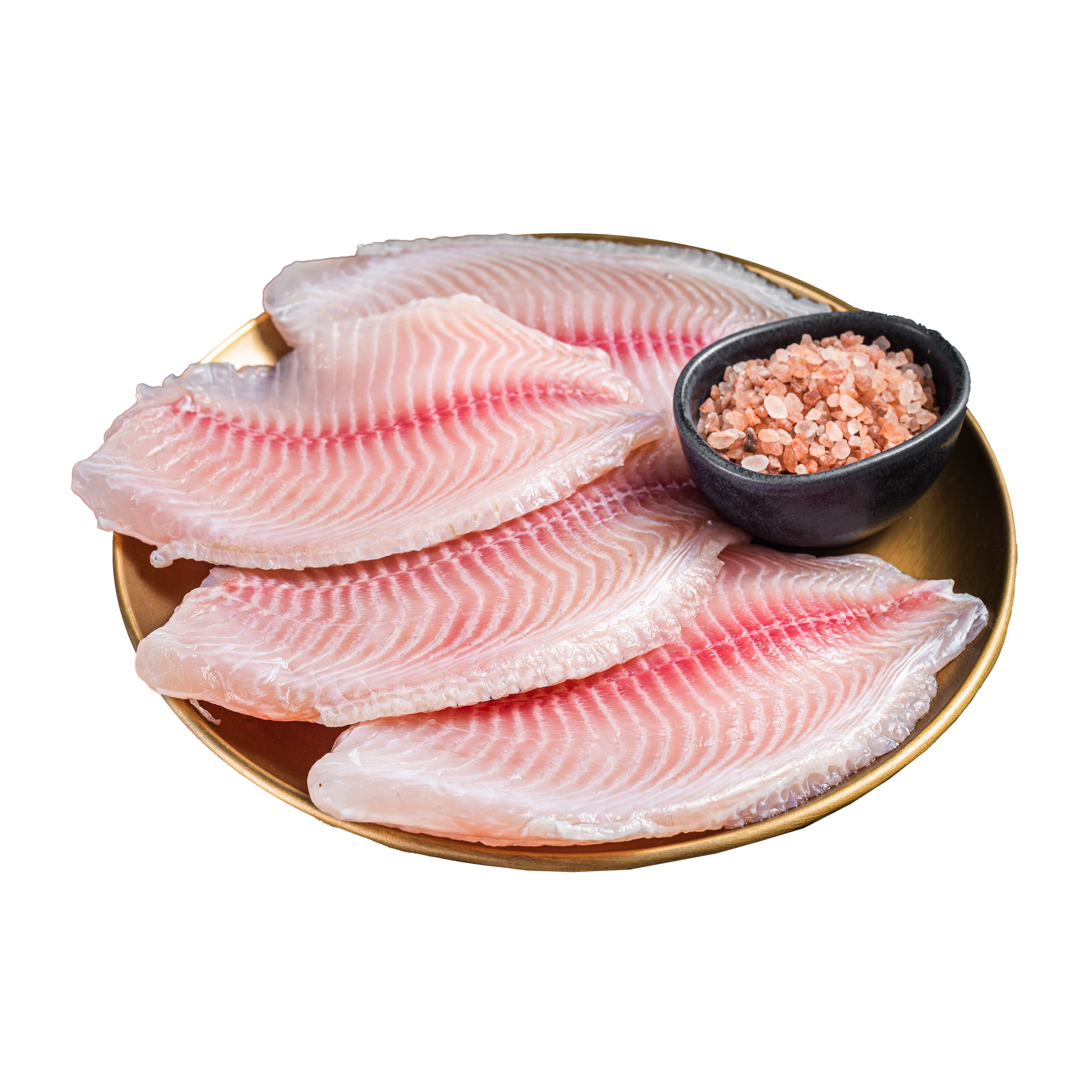 JPOT Japanese BBQ raw fish filet with pink salt in a small dish on a gold plate angled view