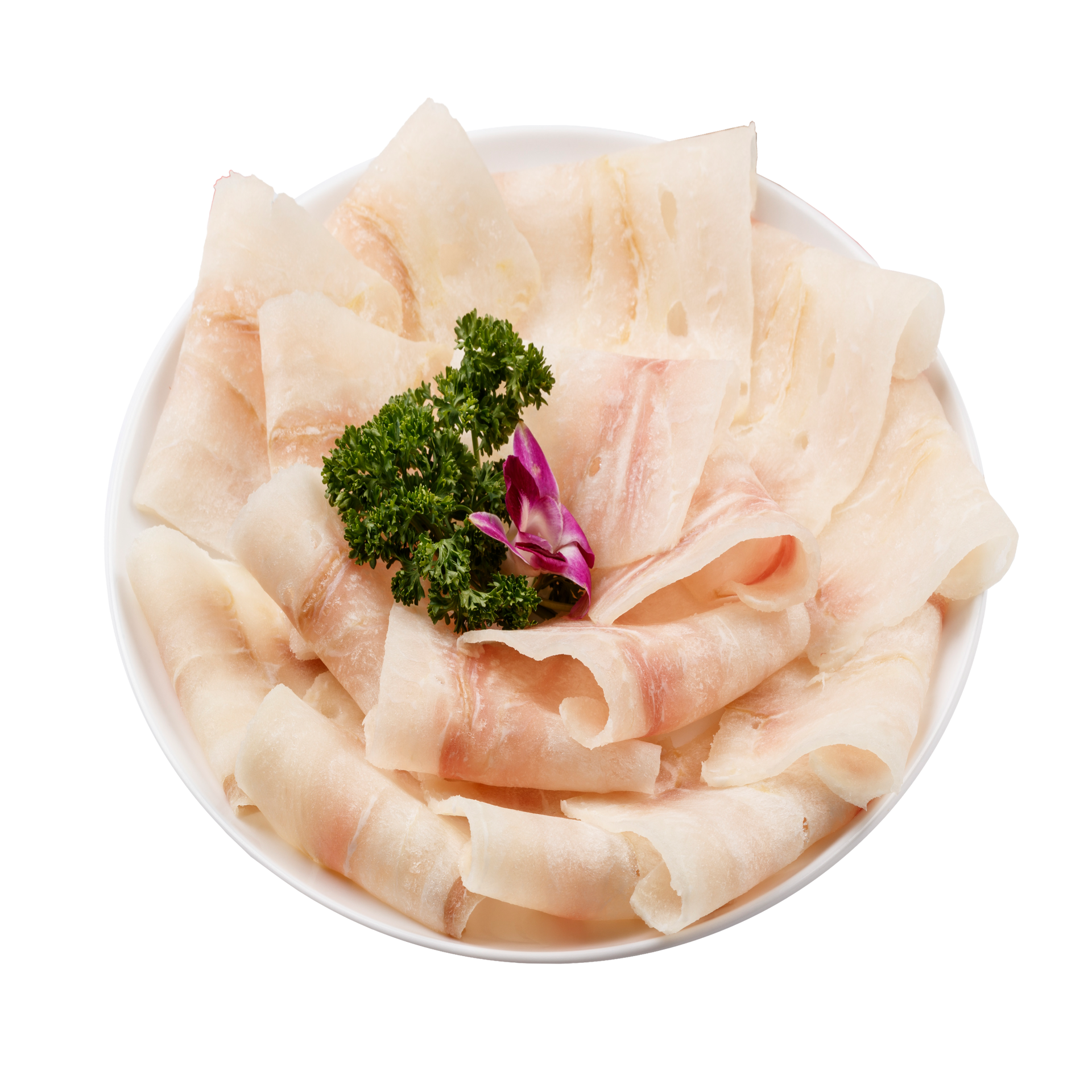 JPOT Japanese hot pot raw thinly sliced fish filet with white plate bird's eye view
