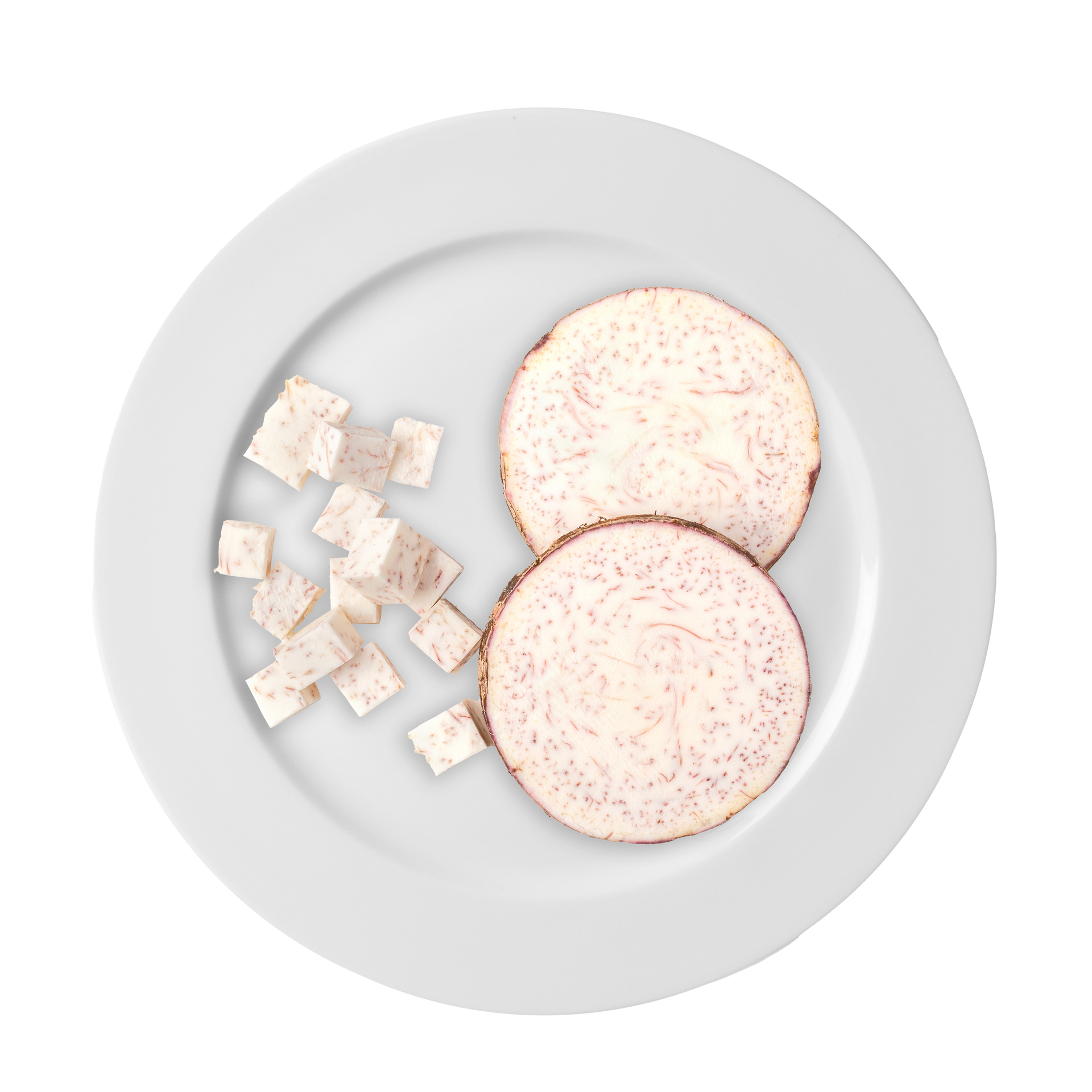 JPOT Japanese hot pot fried taro slices and dices on a white plate bird's eye view