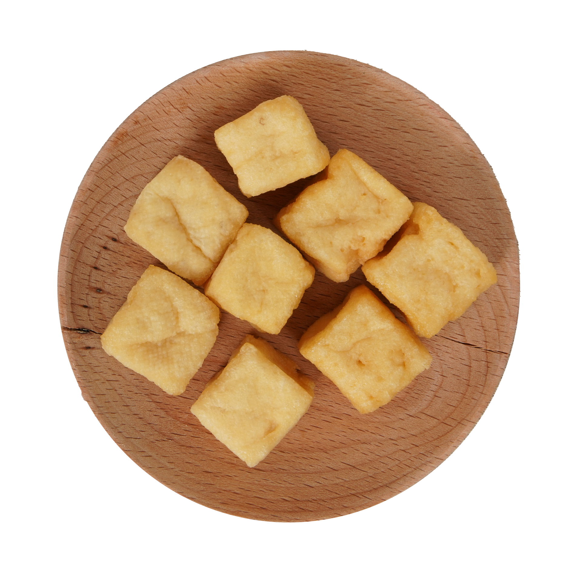JPOT Japanese hot pot fried tofu puff on a wooden flat serving board bird's eye view