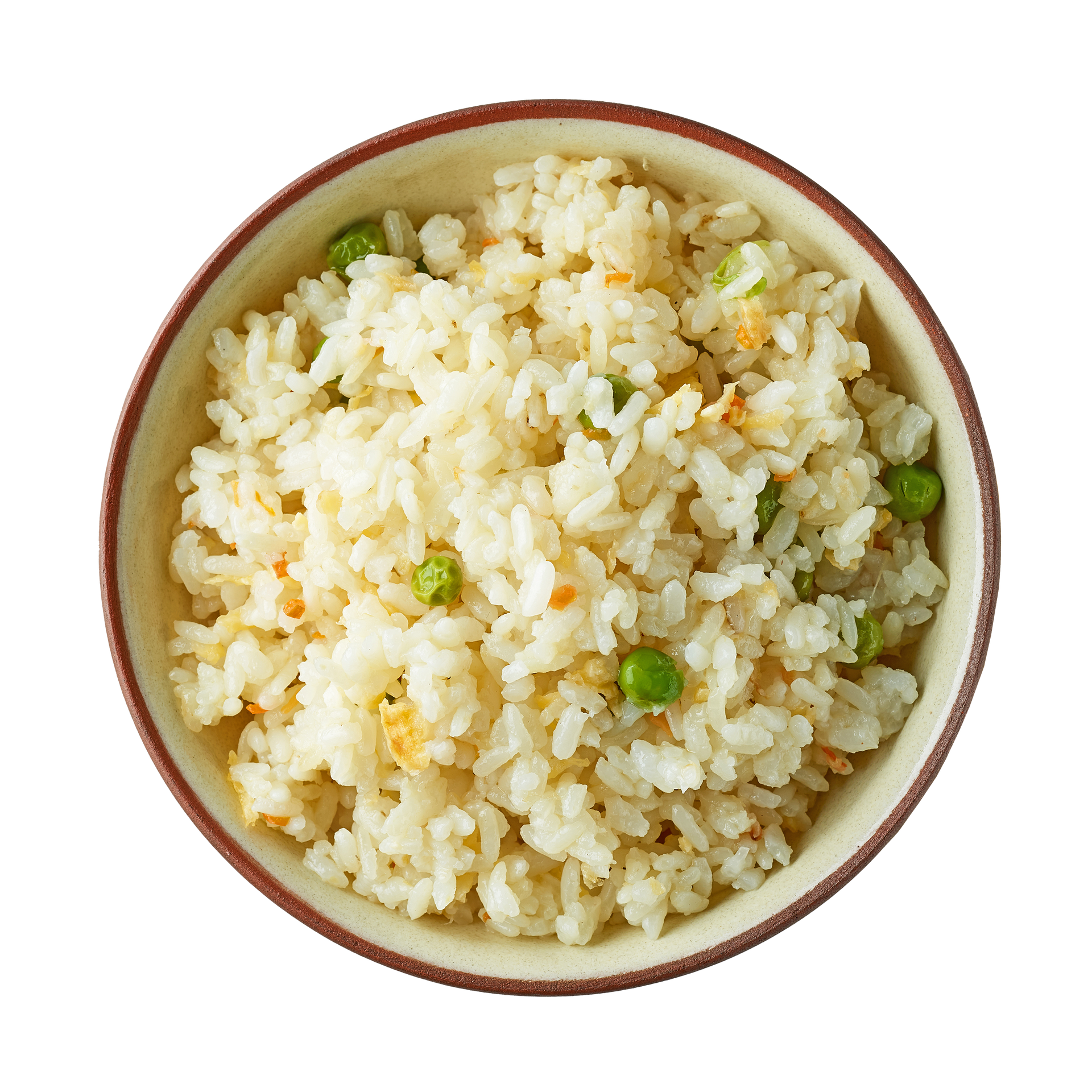 JPOT Japanese hot pot fried rice in a cream and brown-rimmed bowl bird's eye view